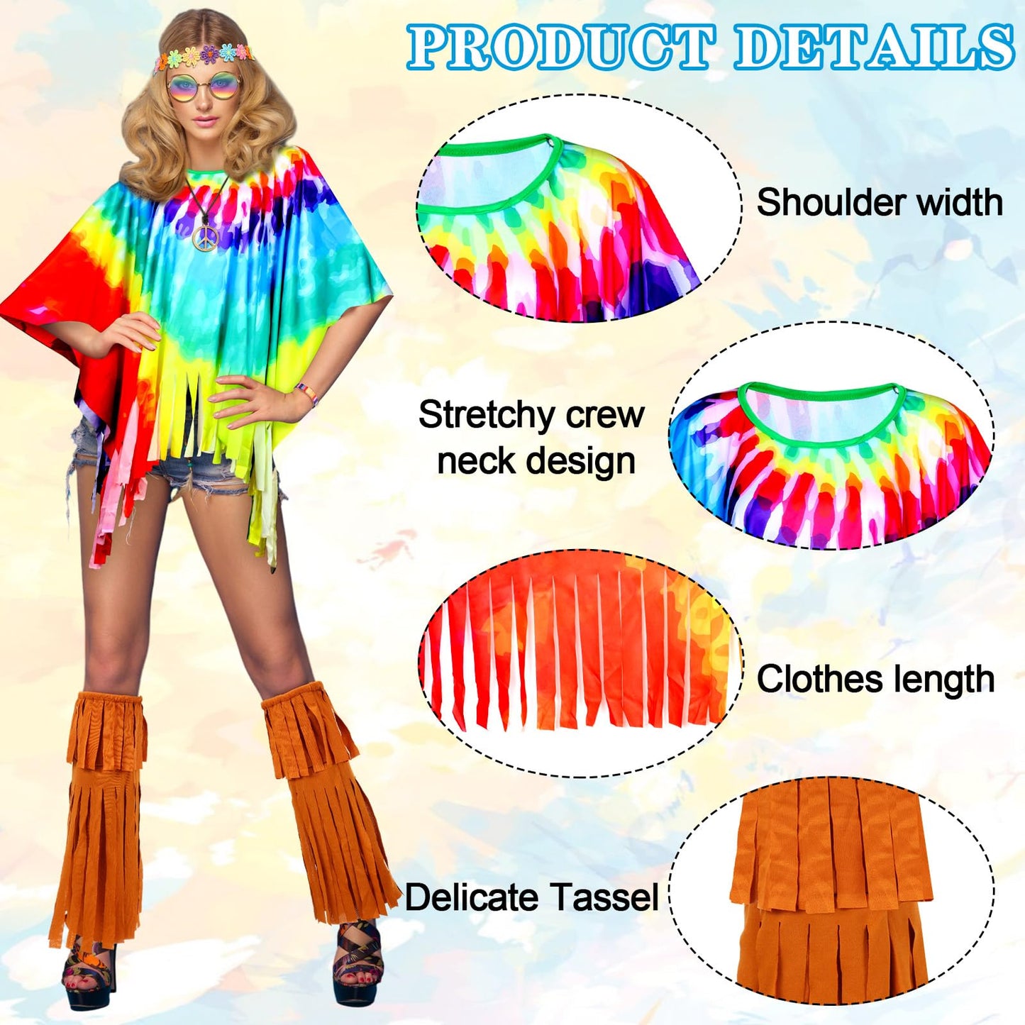 Hicarer 7 Pcs 60s 70s Hippie Costume Accessories Set Women Tie Dye Poncho Tassel Fringe Boot Covers Headband Bracelet Sunglasses Peace Sign Earring Necklace Outfits for Halloween (Hicarer-CKJO013)