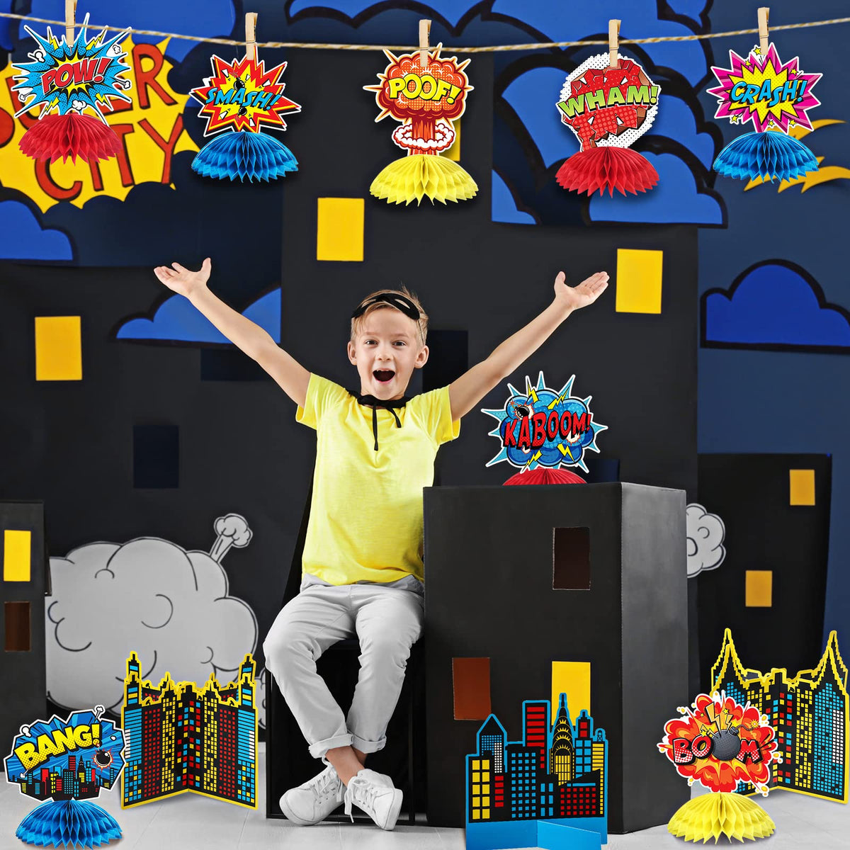 Funrous 11 Pieces Hero Party Decoration Hero Honeycomb Centerpieces 3D Table Topper Paper Large Word Centerpieces Fun Action Sign Standing Card for Birthday Baby Shower Decor Supplies(Classic)