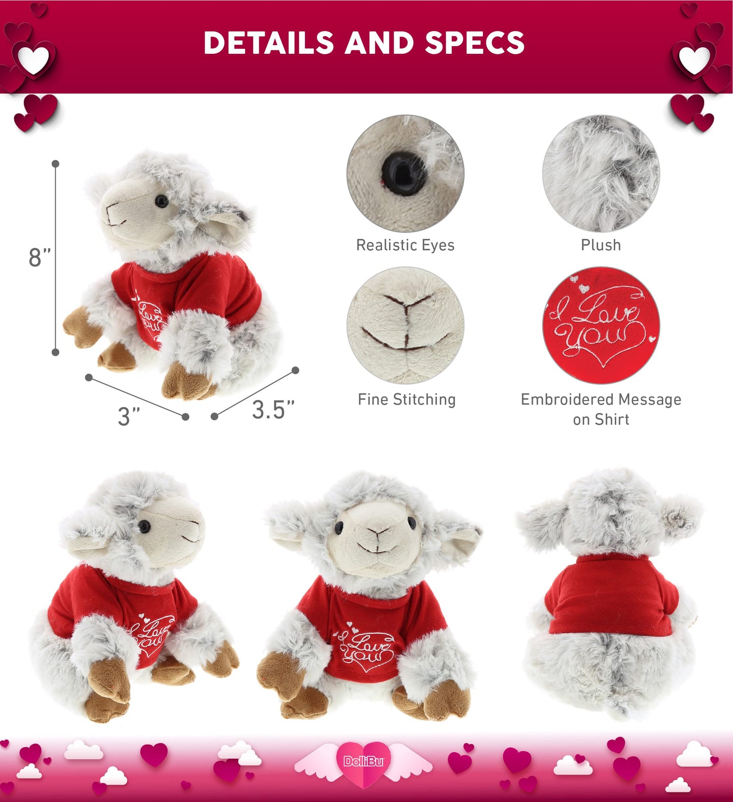 DolliBu I Love You Valentine Plush Squat Sheep - Cute Stuffed Animal with Red Shirt and Name Personalization Gift for Valentines Day, Birthday, Anniversary, Romantic Date - 8 Inches