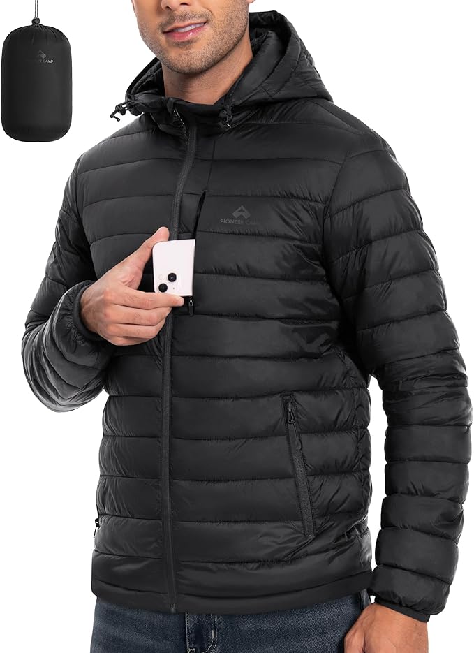 Pioneer Camp Men's Lightweight Packable Puffer Jacket with Hood Warm Puffy Winter Jacket Coat Insulated for Ski Hiking Travel