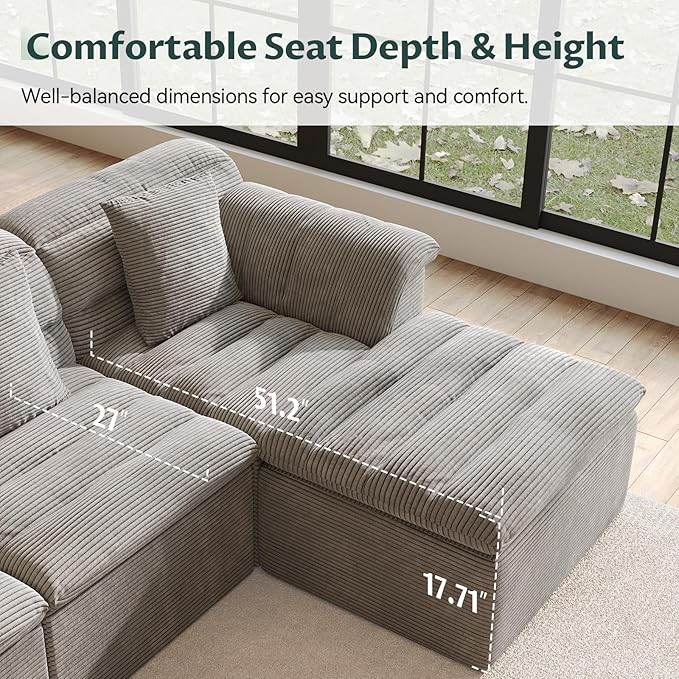 SUNG7 142" Modular Sofa with Ottoman, Boneless Cloud Couch with Deep Seat, Comfy U-Shape Corduroy Couches for Living Room, No Assembly Required, Light Gray
