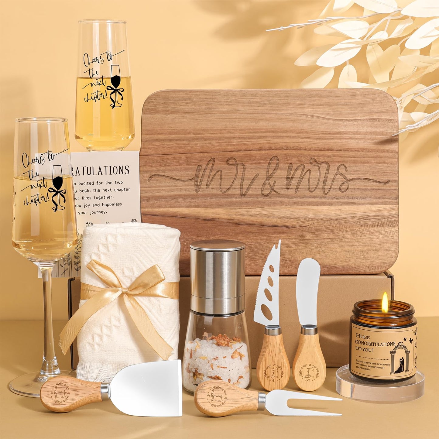 Personalized Wedding Gifts for Couples 2025 | Wedding Registry Ideas with Custom Champagne Flutes, Acacia Wood Board, Cotton Towel, Bridal Shower Gift Basket | Wedding Gifts for Newlyweds