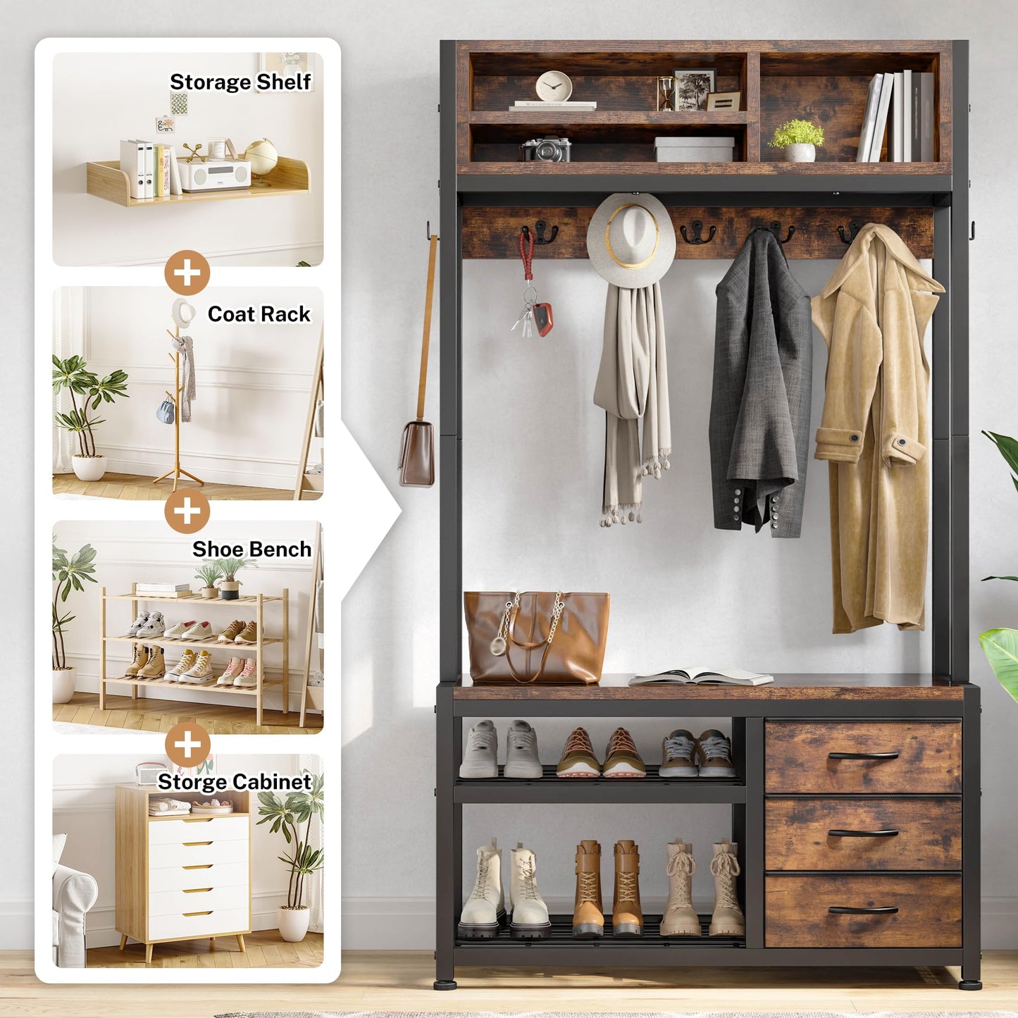 Raybee Hall Tree with Bench and Shoe Storage, Coat Rack Freestanding with 3 Fabric Drawers, Entryway Bench with Shoe Storage, Hall Tree with 12 Hooks for Hallway