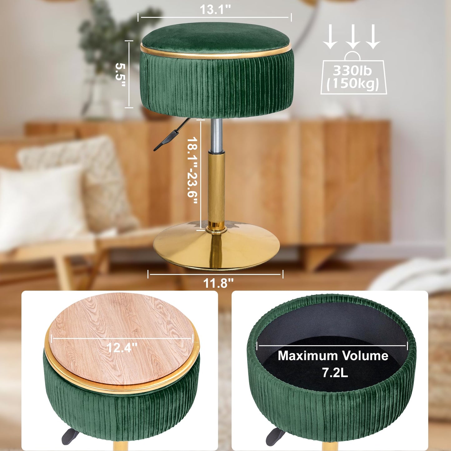 LITZFUR Velvet Vanity Stool for Makeup Room, Round Storage Ottoman Height Adjustable Gold Vanity Chair, 360° Swivel Footrest for Living Room Bedroom, Dark Green