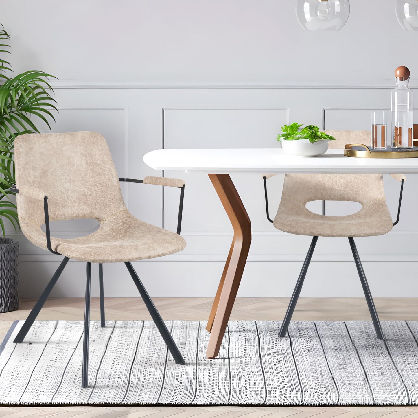 Aivermeil Beige Leather Dining Chairs Set of 2, Mid-Century Modern Dining Room Chair with Soft Cushions, Kitchen Chairs with Metal Legs for Kitchen, Living Room