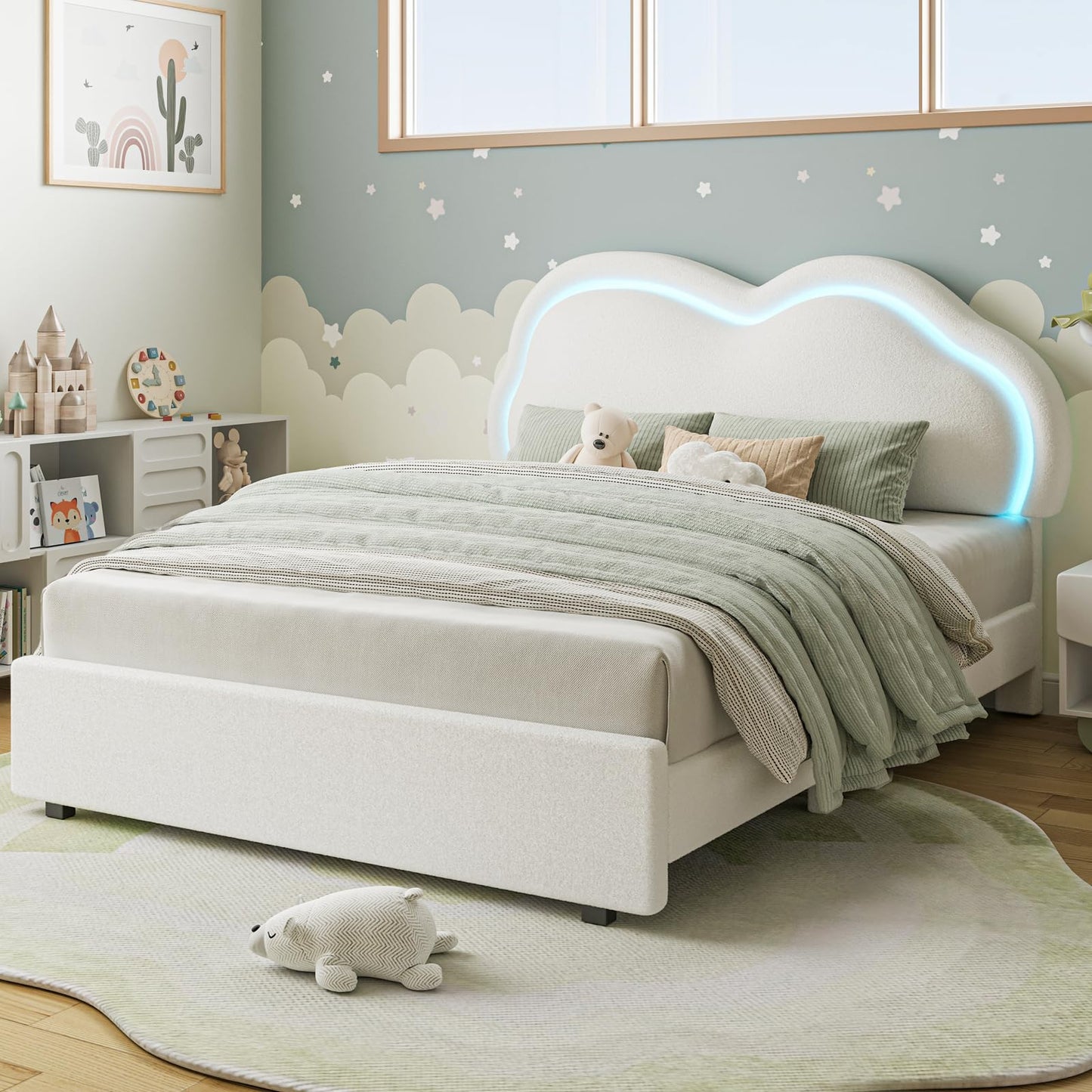 CIKUNASI Cloud Bed Frame Queen Size Platform Bed Frame with Headboard and LED Light for Girls/Kids Upholstered Queen Bedframe with Heavy Duty Wood Slat No Box Spring Needed