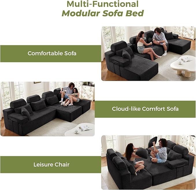 141" U-Shaped Cloud Modular Sectional Sofa with Chaise & Headrest, Boneless Deep Seat Plush Corduroy Couches for Large Living Room, No Assembly Required (Black, 141" U-shapred Chaise)