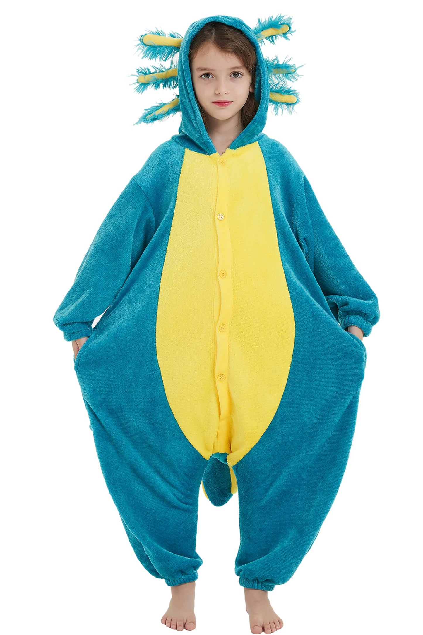 DELEY Unisex Adult Axolotl Onesie Pajamas, Flannel Animal One Piece Costume Sleepwear Halloween Cosplay Homewear Blue Axolotl