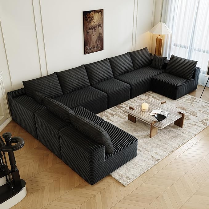 139.4" Modular Sectional Sofa Couch, Oversized U-Shaped Minimalist Couches with 4 Middle Seats Chaise, Modern Deep Seat Cloud Plush Corduroy Sofas Set for Living Room, 8 Seater, Black