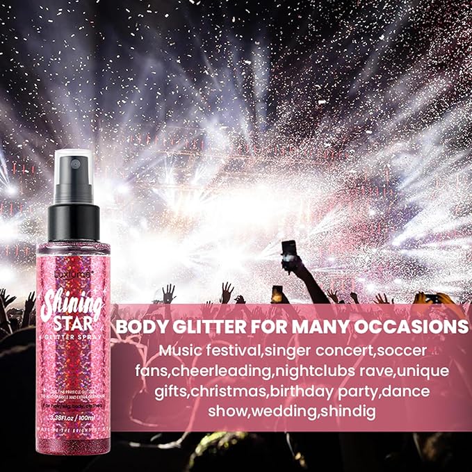 MEICOLY Pink Body Glitter Spray,100ML(3.53OZ),Liquid Glitter Hairspray,Sparkle Glitter Spray for Hair/Body/Clothes,Body Shimmer for Skin,Lightweight,Long Lasting