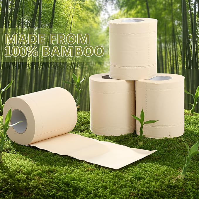 Bamboo Toilet Paper, 4 Ply 60 Rolls, Unbleached, Strong & Soft Toilet Tissue Bulk, Chemical Free Bathroom Tissue Rolls