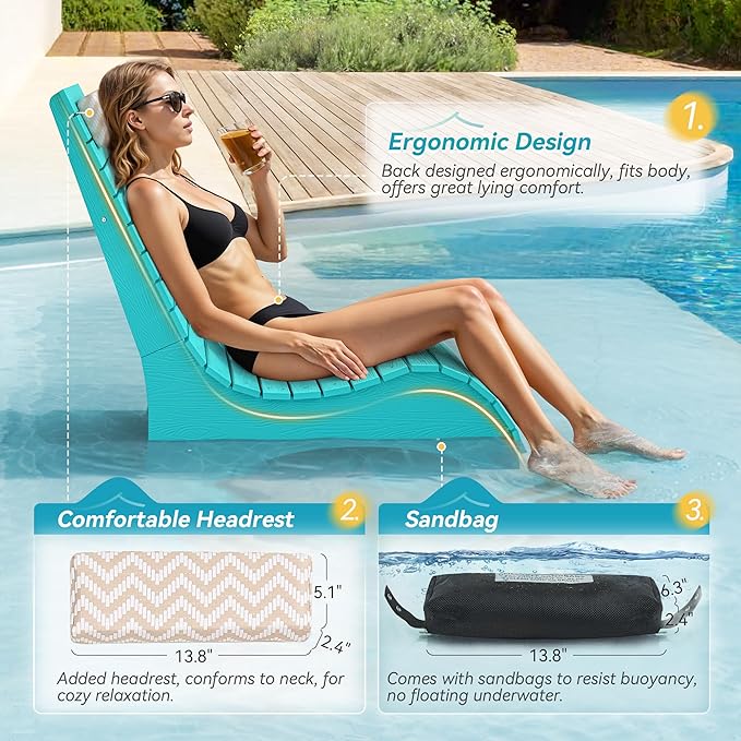Homenjoy HDPS Pool Lounge Chairs Set of 4, Use in Pools Lounge Chairs up to 10-Inches of Water, Chaise Chairs with Headrest, Lounge Chair Outdoor, Fade-Resistant Pool Lounger for Deck