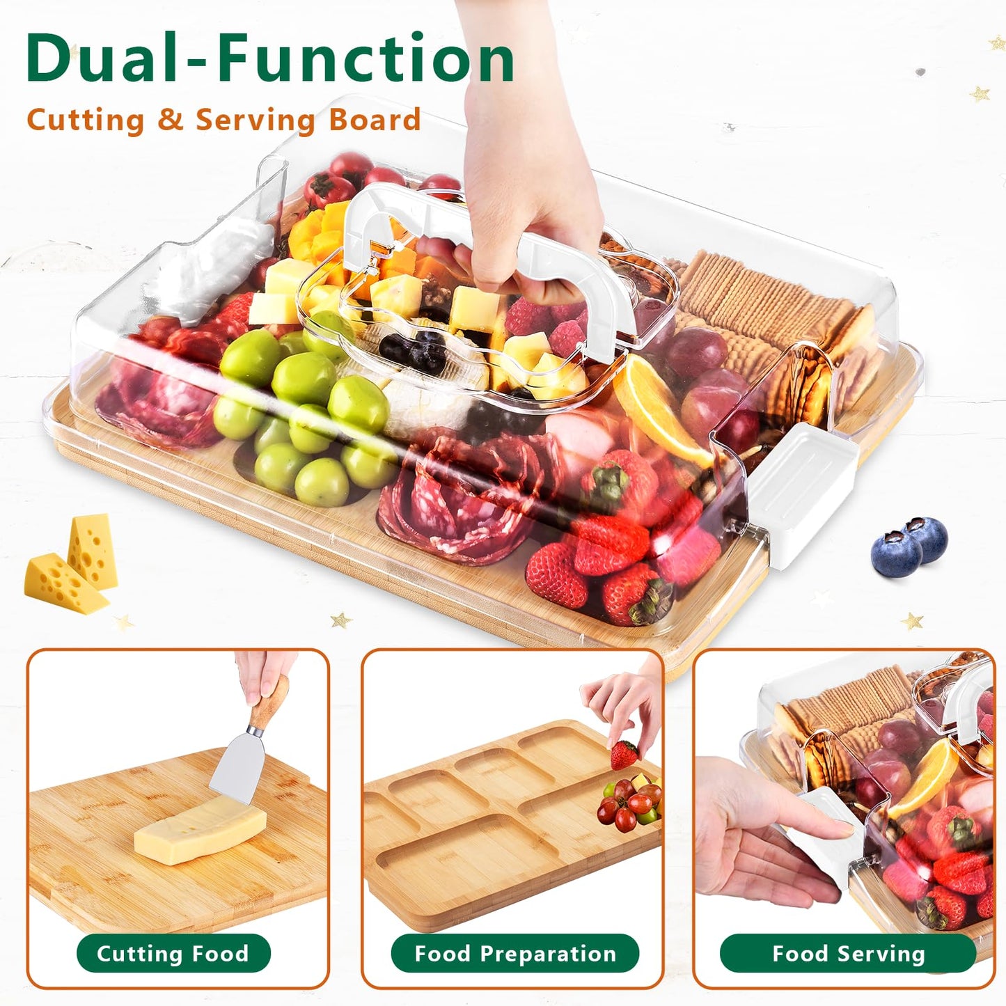 Charcuterie Board with Lid and Handle, Portable Travel Bamboo Cheese Board Set with 4 Cheese Tools, Gift for Housewarming, Weddings, Picnics, Christmas (6 Compartments, White)