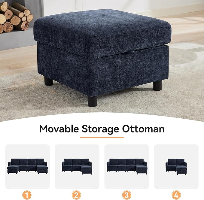 WUTUTUEE 83'' Modular Sectional Sofa Convertible L Shaped Couch Set for Living Room, 4 Seat Storage Modular Sofa with Movable Ottoman, Chenille Navy