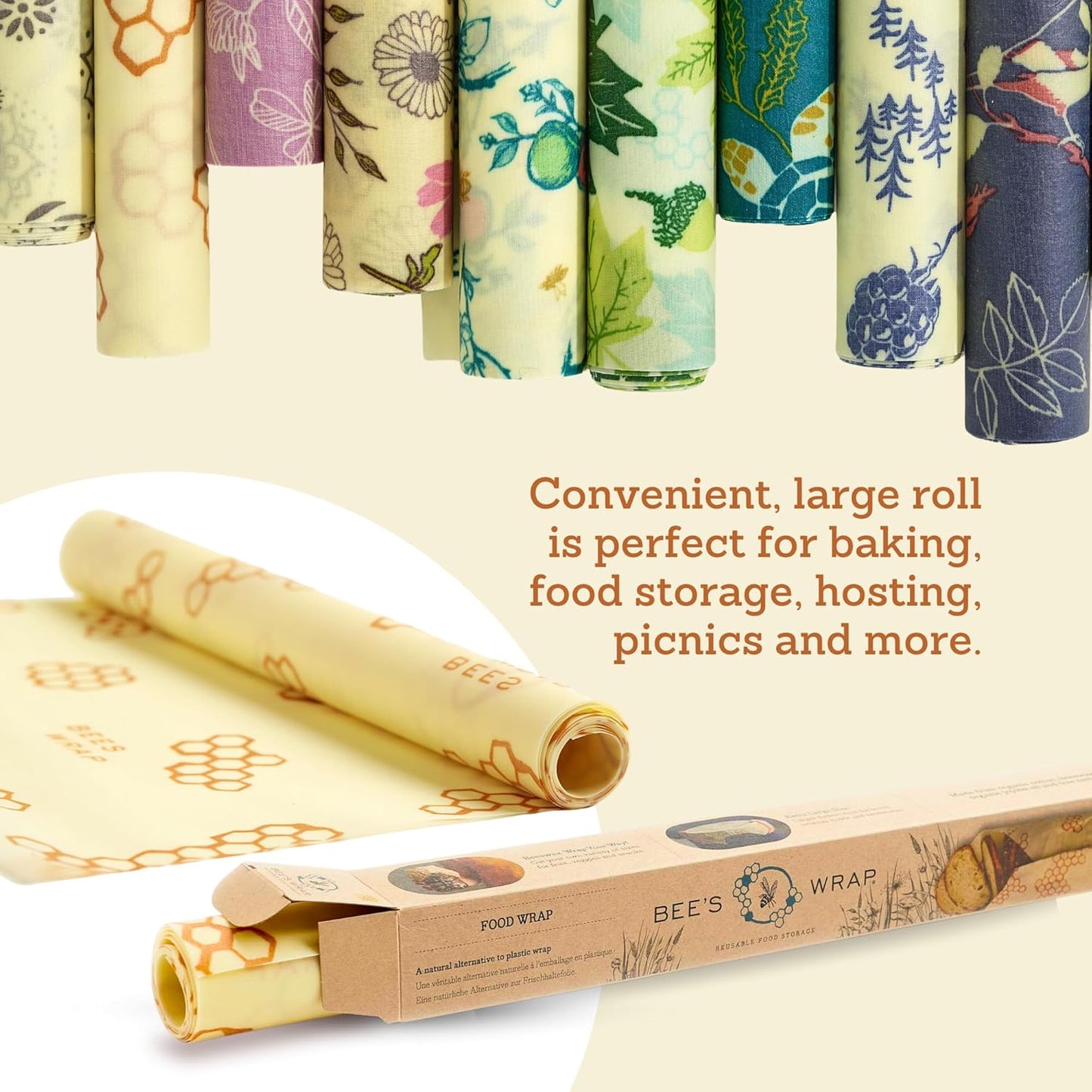 Bee's Wrap Beeswax Wraps for Food - Cut to Size 14x52" Wax Paper Roll - Made in USA Reusable Waxed Paper & Bowl Covers - Organic & Eco-Friendly Alternative to Aluminum Foil, Garden Party