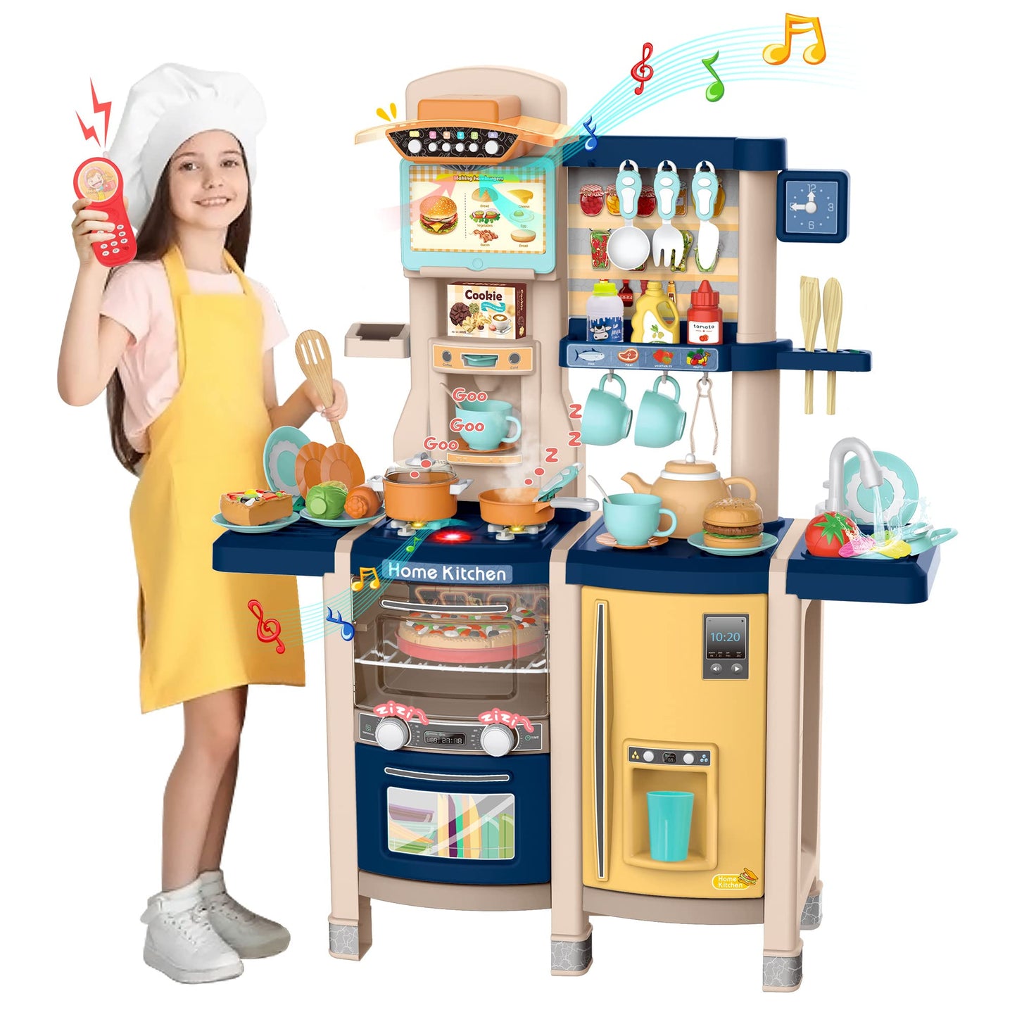 SANDINRAYLI Play Kitchen, Kids Kitchen Playset for Kids Ages 4-8, Toy Kitchen with Spray Stove, Oven, Sink, Dishwasher, Pretend Kitchen Set for Toddlers 3-5 with Real Sounds and Light, Blue