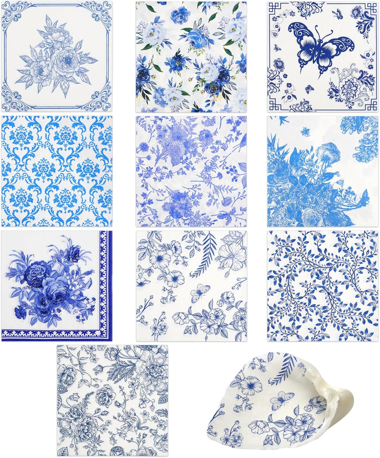 40 Pack 10 Styles Decoupage Paper Napkins, Assorted Blue and White Floral Decorative Decoupage Cocktail Napkins for Birthday Tea Party Wedding Dinner Kitchen Bathroom