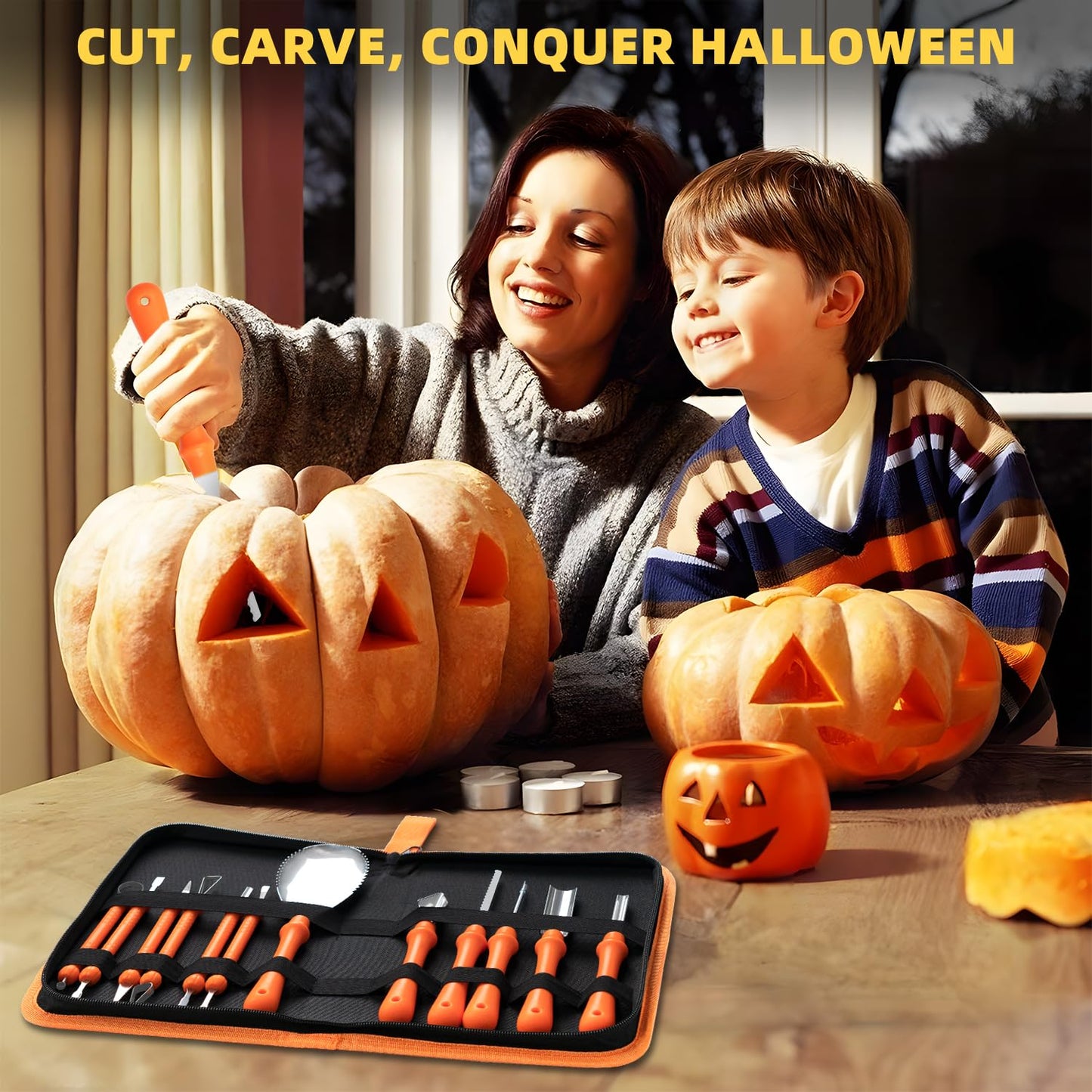 inin 12PCS Halloween Pumpkin Carving Kit with 12 Stencils & Hand Bag,Stainless Steel Pumpkin Carving Tools,Professional Pumpkin Decorating Set,Halloween Decorations for Kids & Adluts.