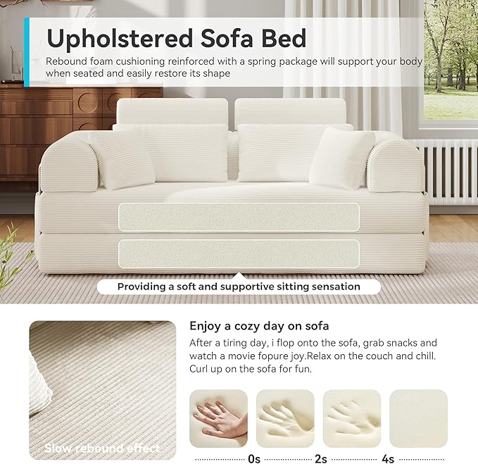 ZQRhome 2026 Upgrade Convertible Sofa Bed, 79 Inch Boneless Couch with Fixed-Shape Frame, Corduroy Fabric with High Backrest, Floor Sofa Modular Futon Couch for Living Room Bedroom Lounge (White) | High Backrest, No Assembly, Convertible Sofa, Space-Sa...
