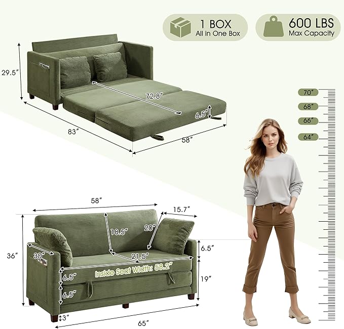 kakuboohi 65" Loveseat Sleeper Sofa Bed, Corduroy Convertible Sofa Bed for Small Spaces, Folding Couch Bed with Deep Seat, 2 Pillows & Solid Frame, Pull Out Floor Couches for Living Room, Green