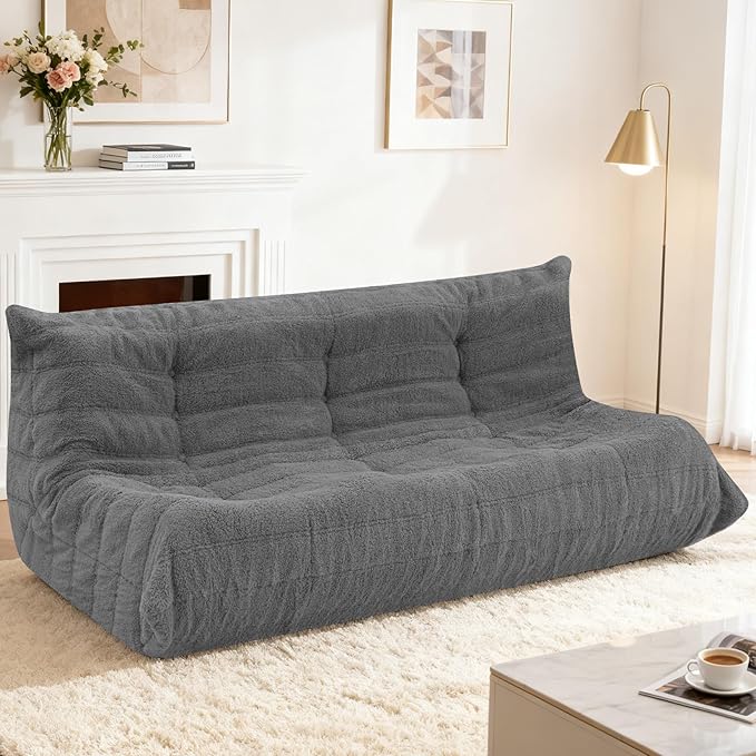 HABUTWAY Bean Bag Chairs Fireside Lazy Floor Sofa, Soft Teddy Fleece 3 Seater Sofa with High-Resilience Foam Filling，Beanbag for Living Room, Bedroom, Office (Dark Grey Teddy)