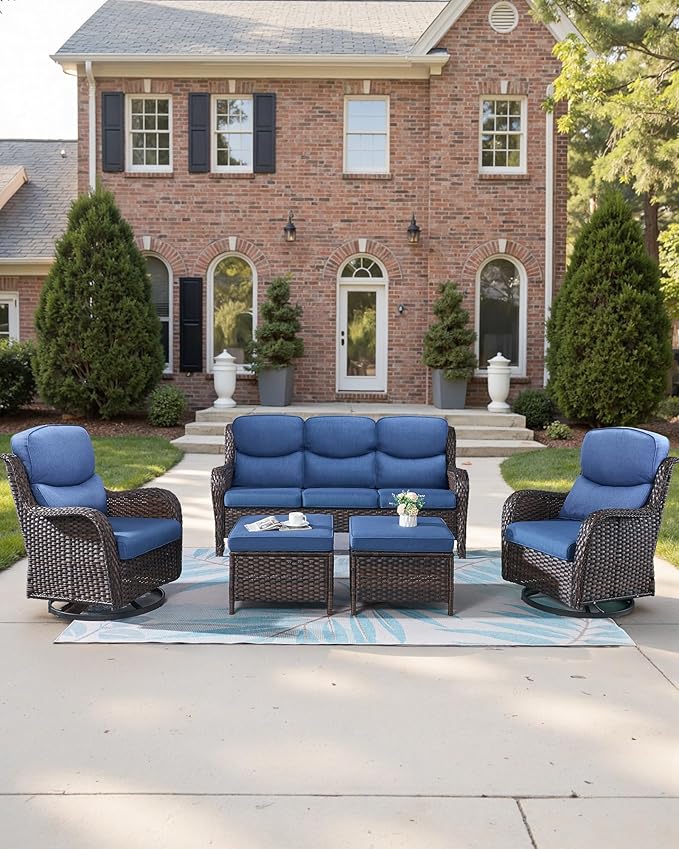 ACTREST Pop 22x25/22x24 Outdoor Chair Cushions Set of 4 - Heavy Duty High Back Replacement Zippered Cushion for Patio Furniture Dining Rocking Chairs Loveseat L-Shape Sofa - Navy Blue/Smile