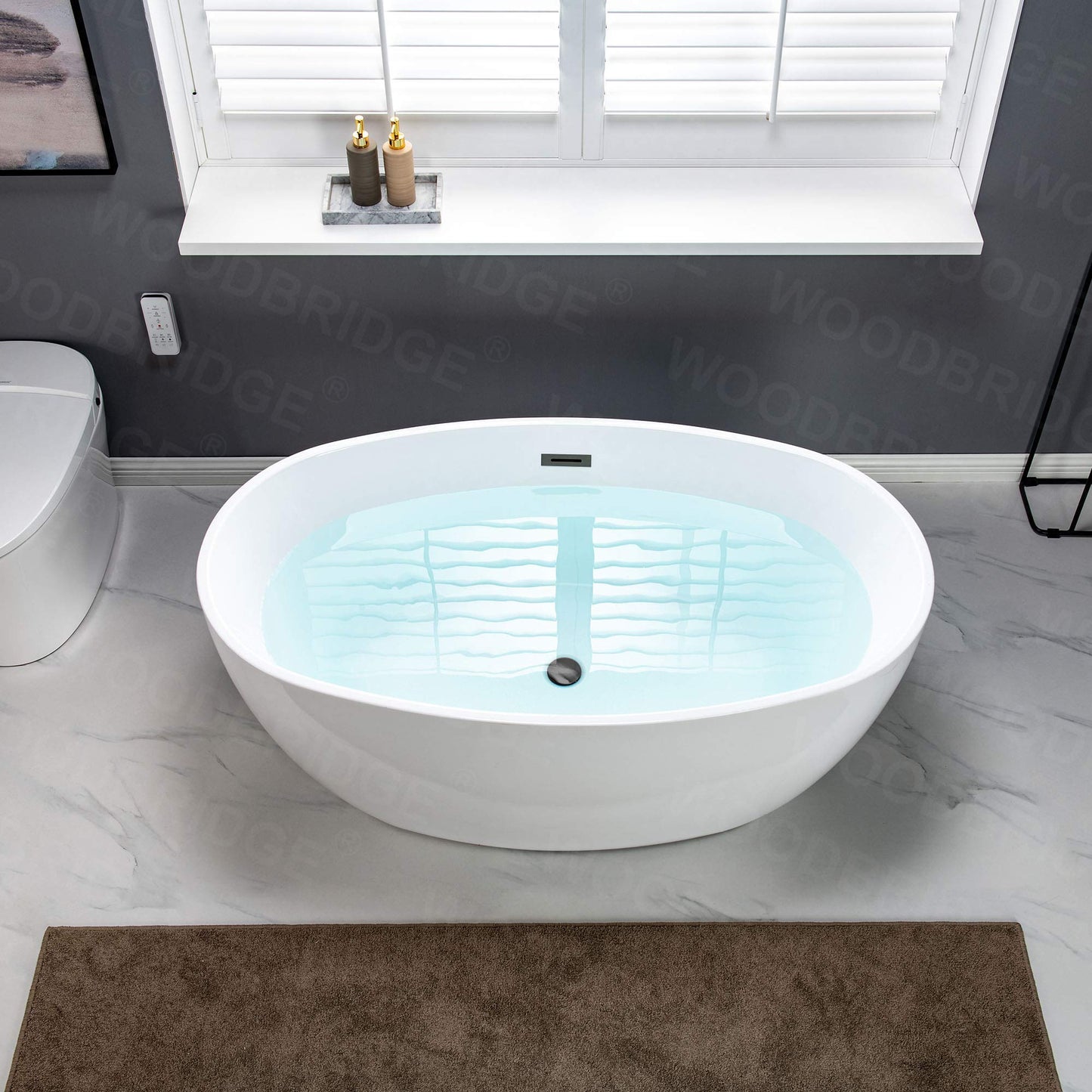 WOODBRIDGE 55" Acrylic Freestanding Bathtub Contemporary Soaking White Tub with Matte Black Overflow and Drain,B1418 -MB-Drain &O