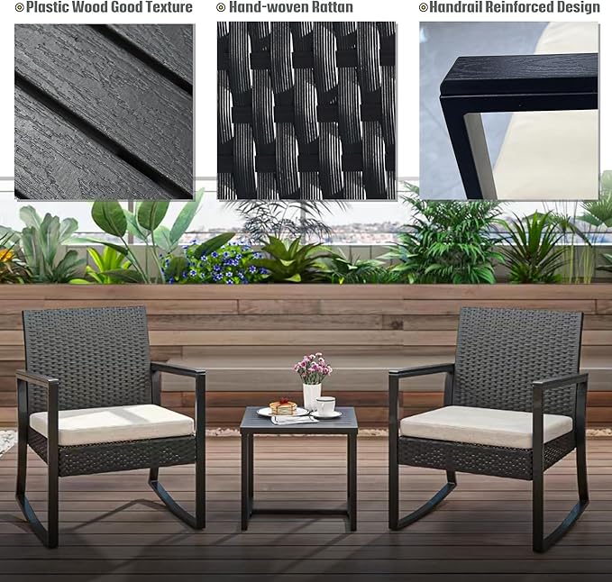 ELEGIBLISS 3 Pieces Outdoor Patio Set -Wicker Rattan Chair Conversation Set with Glass Table for Poolside Yard Rocking Chair Set for Bistro Garden Front Porch All Weather Patio Furniture Set