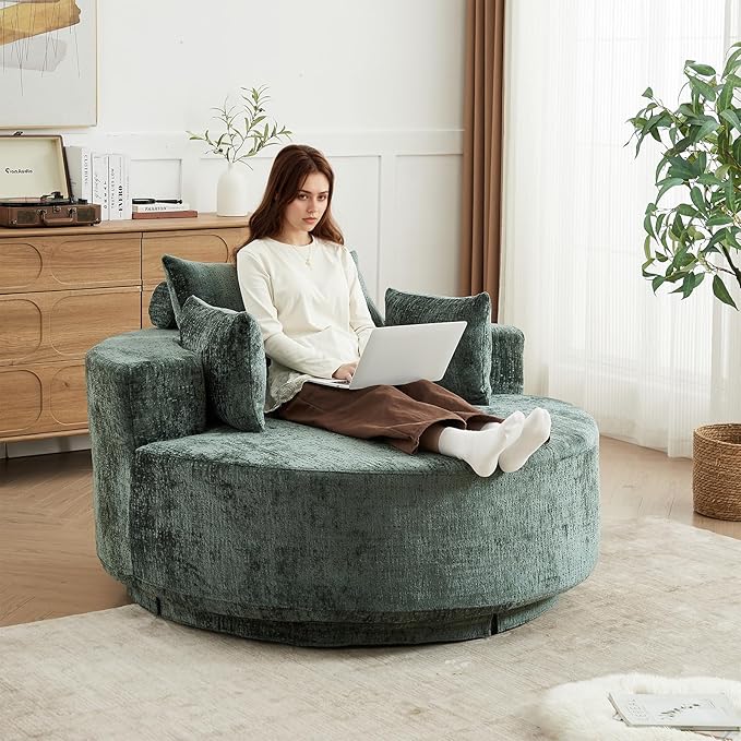 Oversized Round Swivel Chaise Longue Chair Indoor, Modern 55-inch 360 Degree Swivel Upholstered Chenille Deep Seat Circle Single Cloud Sofa Chair for Living Room Bedroom Apartment Office, Green