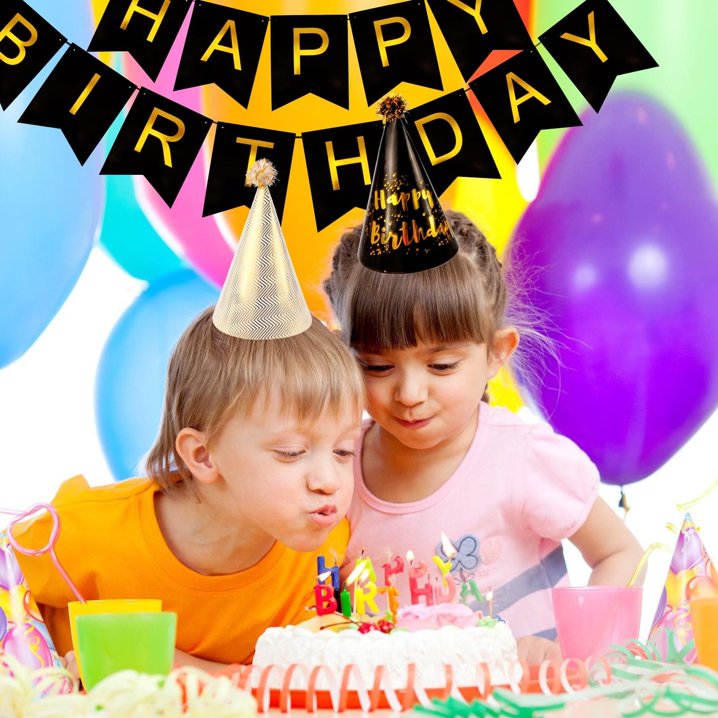 Exacoo 25Pcs Gold Birthday Cone Hat Set Includes 12 Gold Black White Party Hats for Adults 12 Gold Funny Noise Makers 1Pc Happy Birthday Banner Party Essentials Decorations Gorros de Cumpleaños