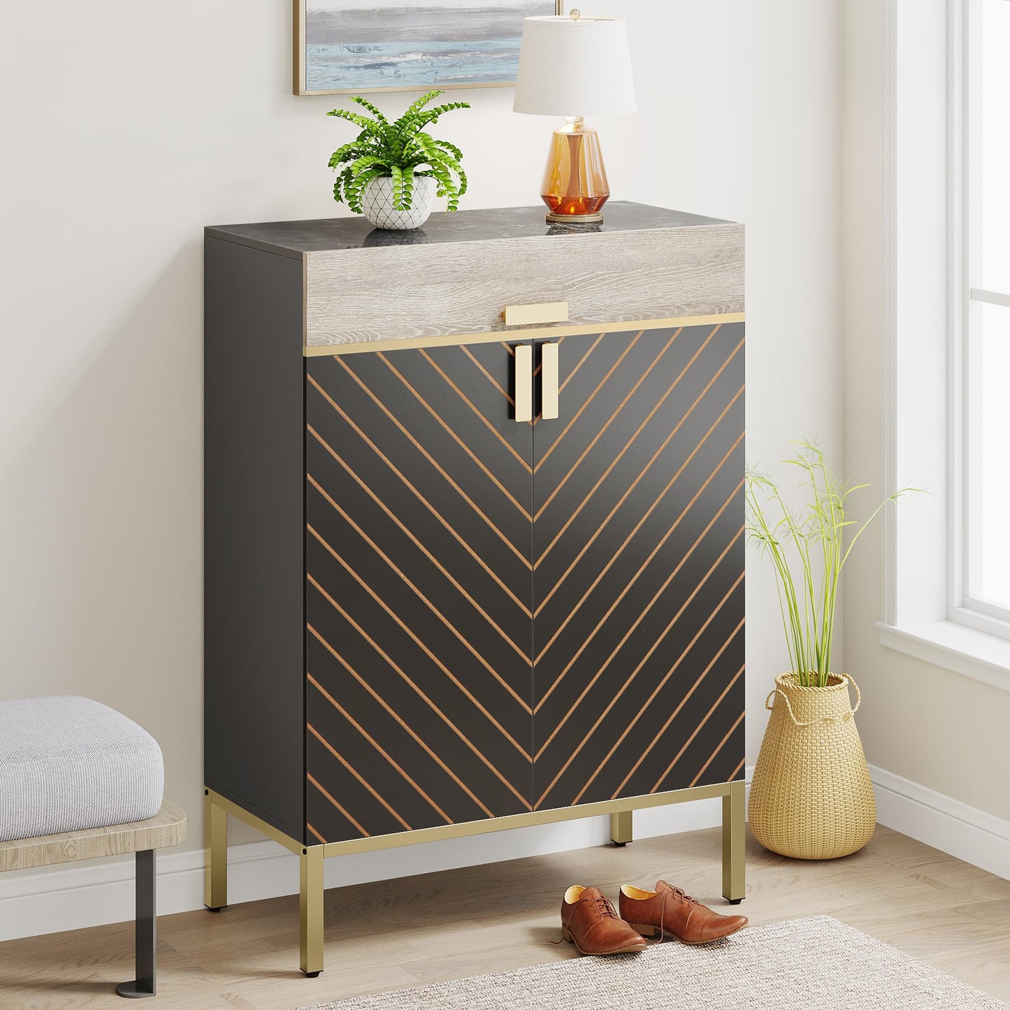 Tribesigns Shoe Cabinet with Doors, 4-Tier Shoe Storage Cabinet with Drawer & Adjustable Shelves, Slim Wooden Entryway Organizer for Bedroom, Closet, Hallway, Gray/Gold