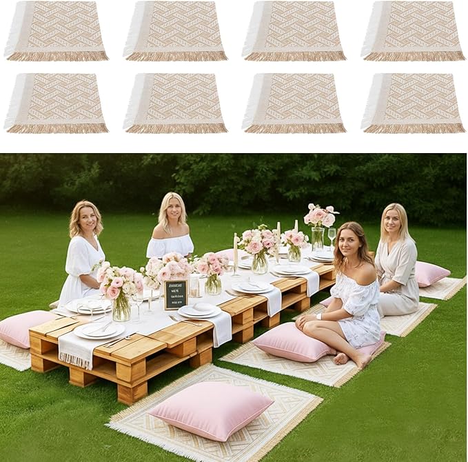 Hahafelt 8 Pcs Outdoor Picnic Blanket 35"x35" Boho Blanket Woven Cotton Yarn Portable Mat Plaid with Fringe Washable for P...