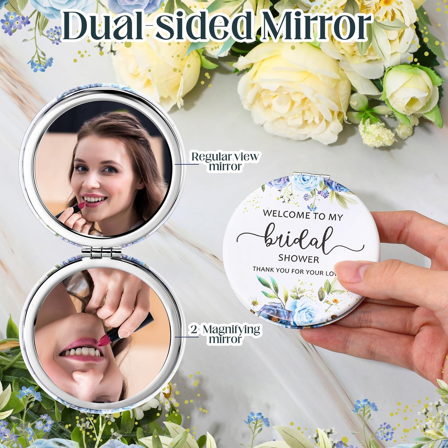 XunYee 30 Sets Bridal Shower Favors for Guests Flower Design Makeup Mirrors Leather Compact Mirrors Bridal Thank You Cards with