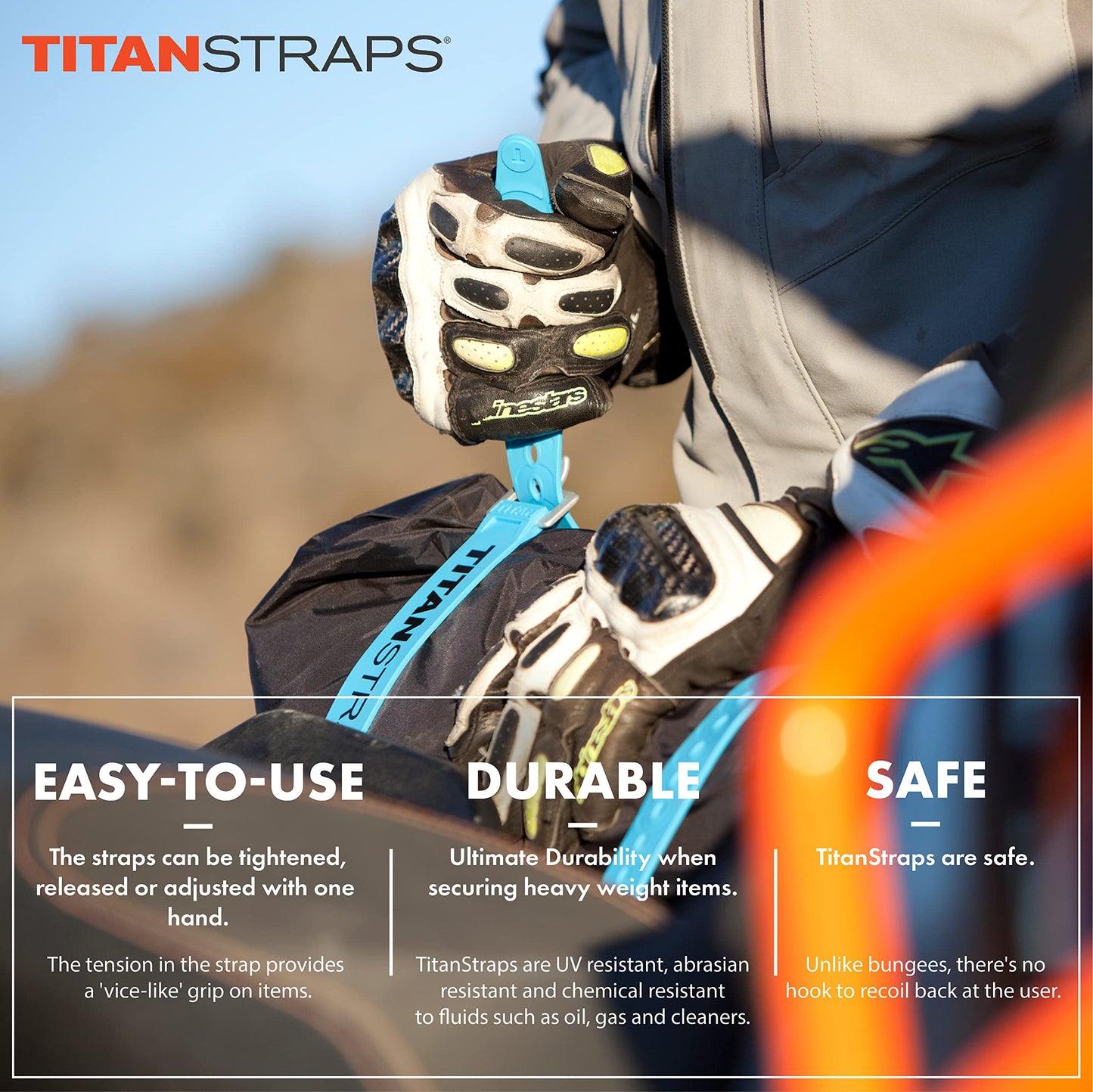Titan Utility Straps – Easy-To-Use, Reliable Tension Straps for Securing Bike & Moto Gear, Skis, Garden Hoses, Field Repair – Use in Frigid Temp – 60 lb.Working Load, 25" Length, Safety Orange, 4-Pack
