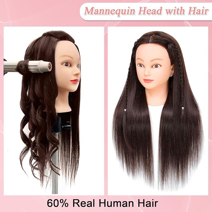 Mannequin Head Human Hair for Cosmetology, Manikin Head with 80% Real Hair for Styling Doll Head Braiding Practice Mannequin Heads Hairdresser Hairstylist Kids with Free Clamp Holder (Dark Brown 4#)