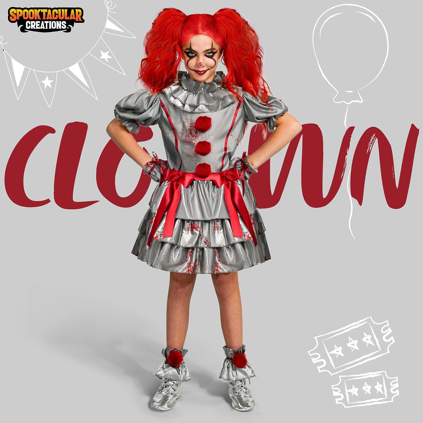 Spooktacular Creations Girls Clown Costume, Evil Clown Dress, Halloween Scary Jester Costume for Girls Halloween Dress Up, Role Play, Cosplay Party-S