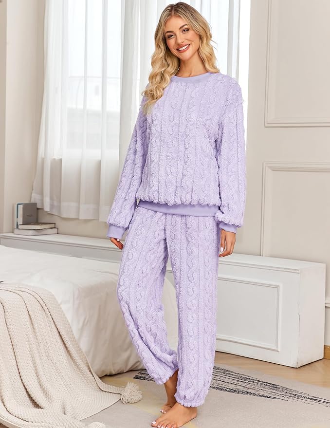 Pajamas Sets for Women Soft Comfy Fluffy Pajama Fleece Pullover Ribbed Pjs Warm Plush Lounge Sleepwear