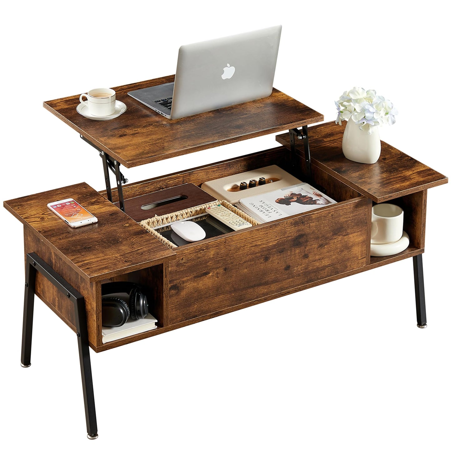VECELO Wood Lift Top Coffee Table with Hidden Compartment and Storage Shelf for Living Room/Office Reception, Rising Tabletop, Brown