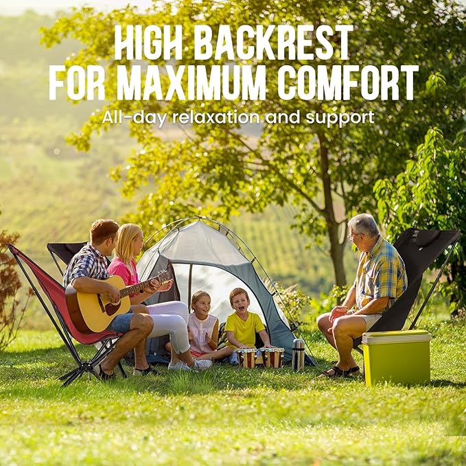 TCEK Portable High Back Camping Chair with Adjustable Height, Small Compact Outdoor Folding Chair for Adults Travel, Riselite Collapsible Lightweight Packable Camp Chairs, Easy Carry and Quick Setup