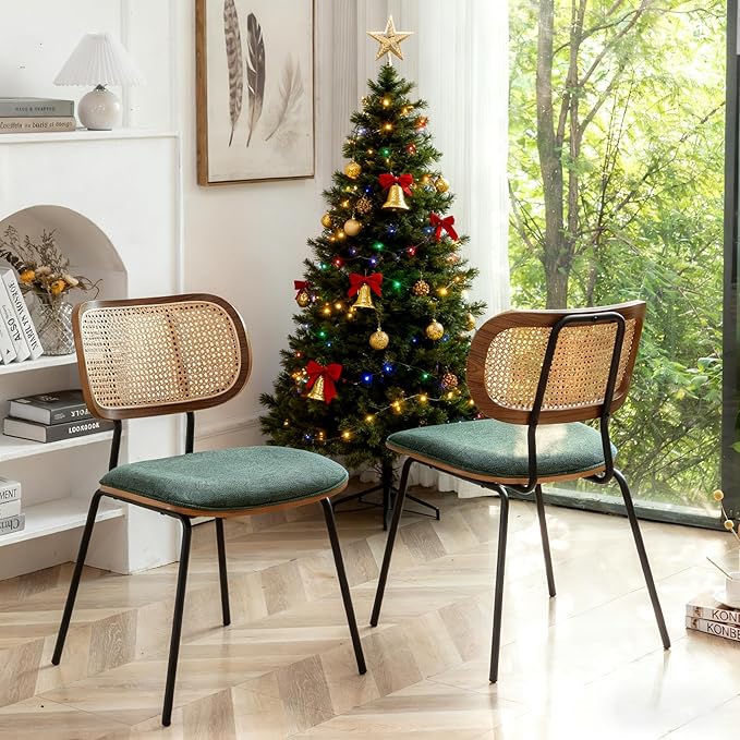 HOCEWI Rattan Dining Chairs Set of 2, Mid Century Modern Dining Chairs with Cane Back for Kitchen Dining Room, 19 Inch Fabric Green