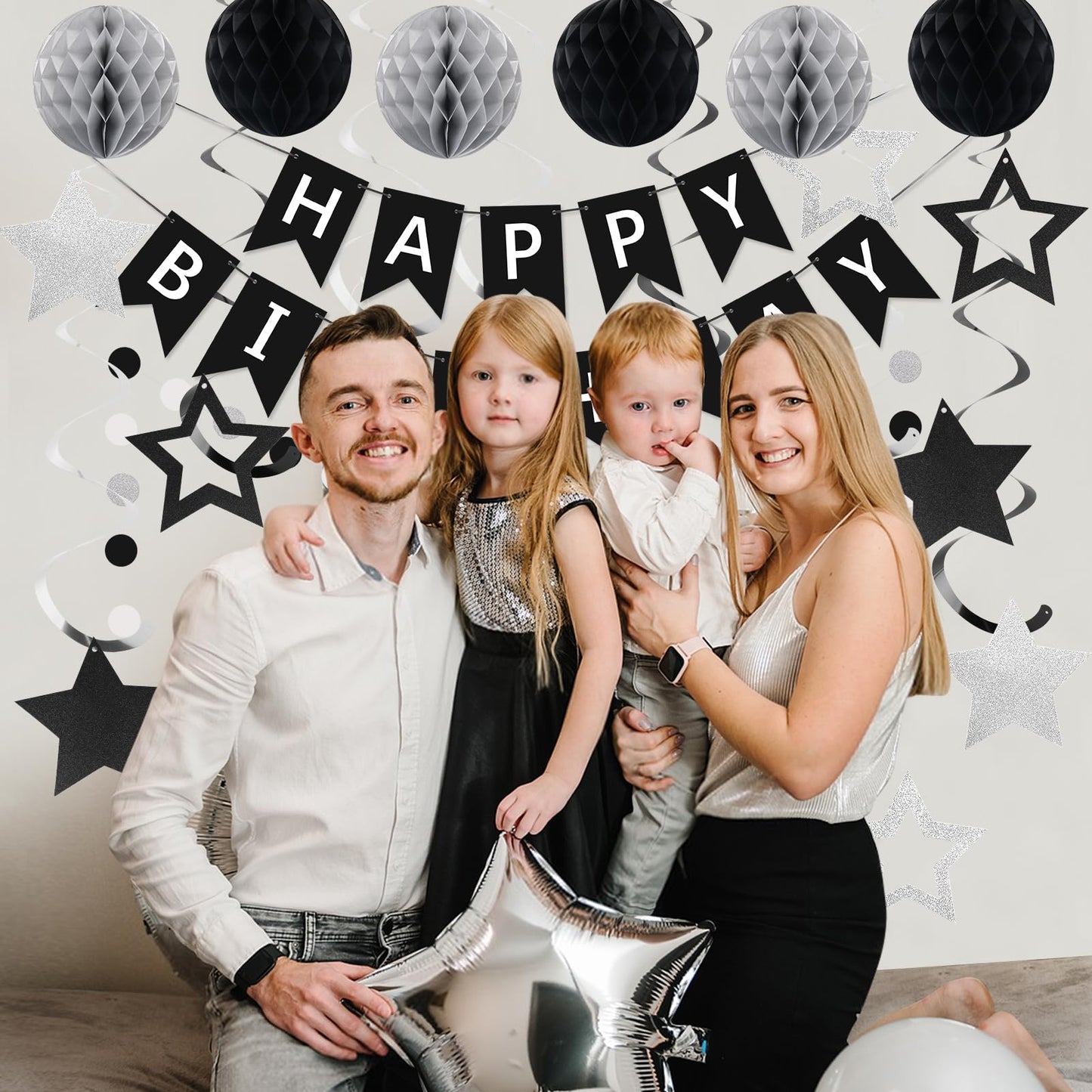 meowtastic Birthday Decorations, Happy Birthday Banner with Honeycomb Balls, Star Hanging Swirl Streamer, Circle Dot Garland, Happy Birthday Party Decoration for Women Men Boys Girls (Black & Silver)