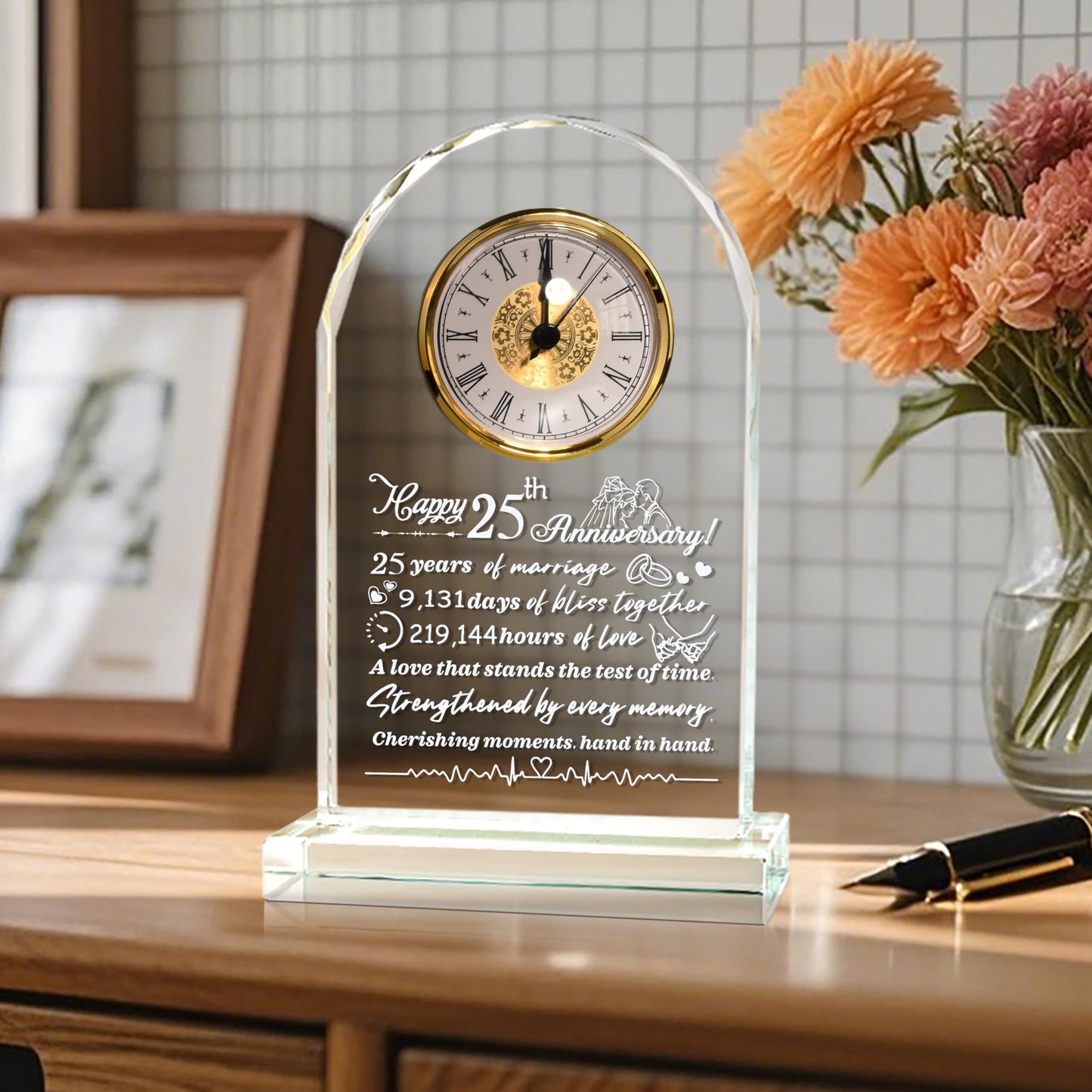 QIANCHANG 25th Wedding Anniversary Crystal Quartz Clock Gifts for Parents, 25 Years Silver for Couple, Happy 25th Anniversary Decoration Gift for Her Him