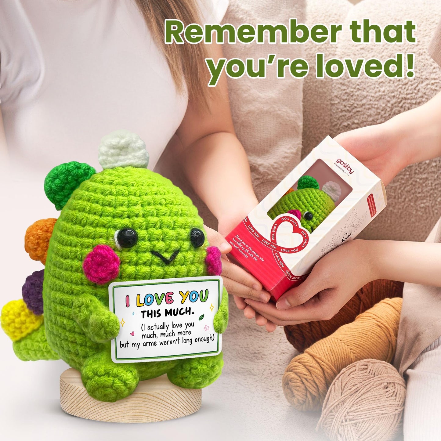 Gossby Handmade Positive Dinosaur Crochet - I Love You This Much - Gift for Husband, Boyfriend - Romantic Anniversary, Valentines, Xmas, Birthday Gift for Him from Wife, Girlfriend - Knitted Decor