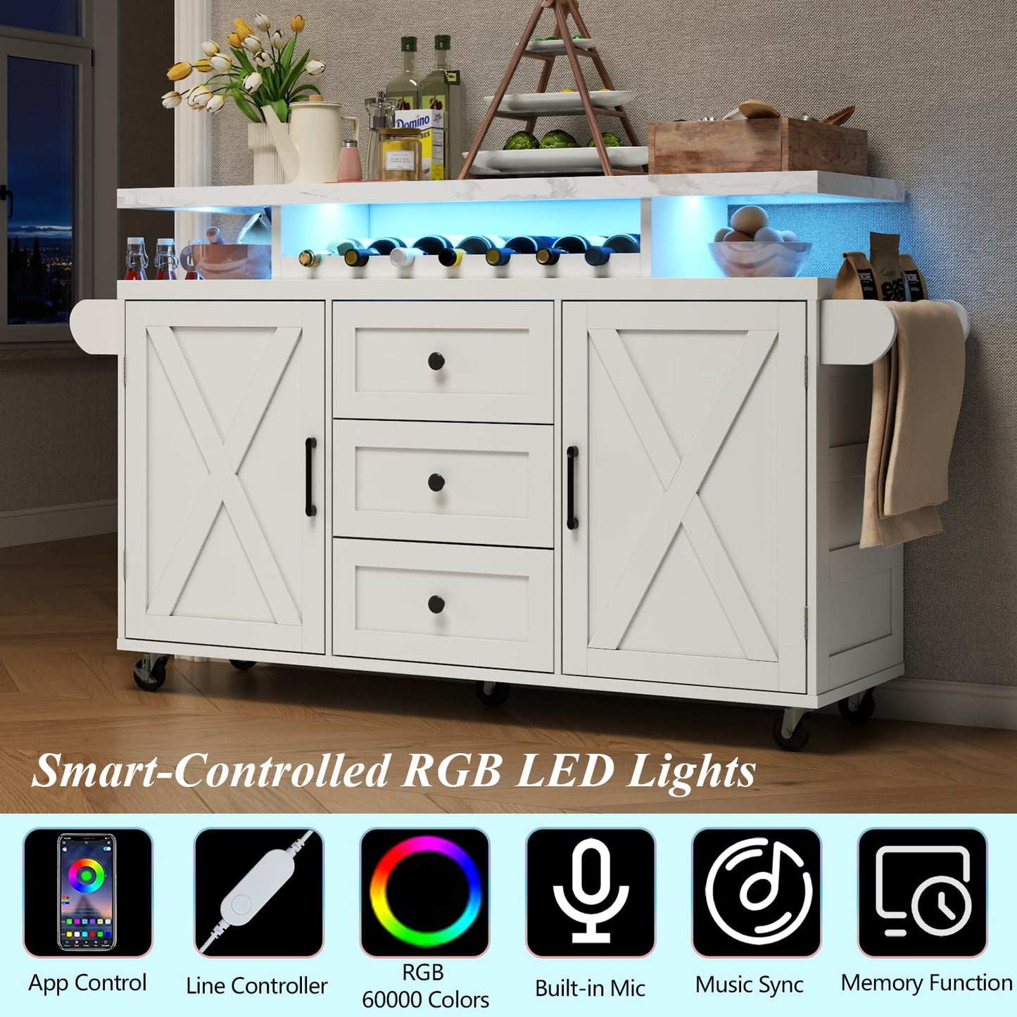 Rolling Kitchen Island Cart with Storage, Kitchen Island on Wheels with LED Lights & 3 Drawers, Side Table with Spice Rack & Towel Rack, Large Mobile Islands Table for Dining Room, White