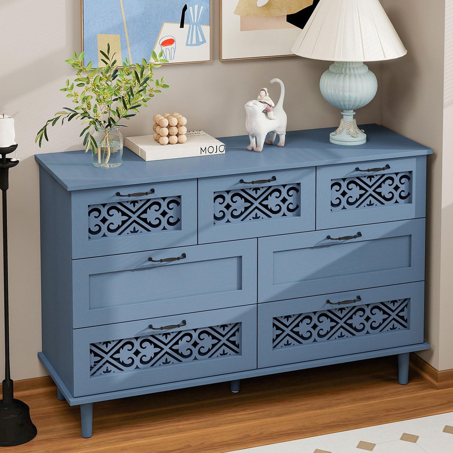 YHFEXYT 47” Wide Dresser for Bedroom with 7 Drawers,American Chest of Drawers with Bar Metal Handle,Wood Drawer Organizer,TV Stand with Large Drawers Muted Blue