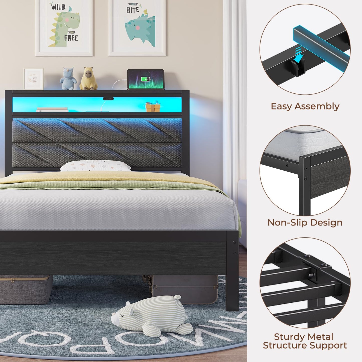 Seventable Bed Frame Twin Size with Charging Station, LED Bed with Upholstered Storage Headboard, Metal Platform Bed with Under Bed Storage, No Box Spring Needed, Noise Free, Easy Assembly, Grey