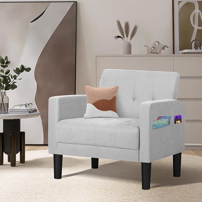 TYBOATLE Accent Chair Living Room Chairs Cozy Tufted Mid Century Modern Accent Chairs with Arms for Bedroom Comfy Reading Arm Chair Small Chairs for Small Spaces Living Room Office (1, Light Grey)