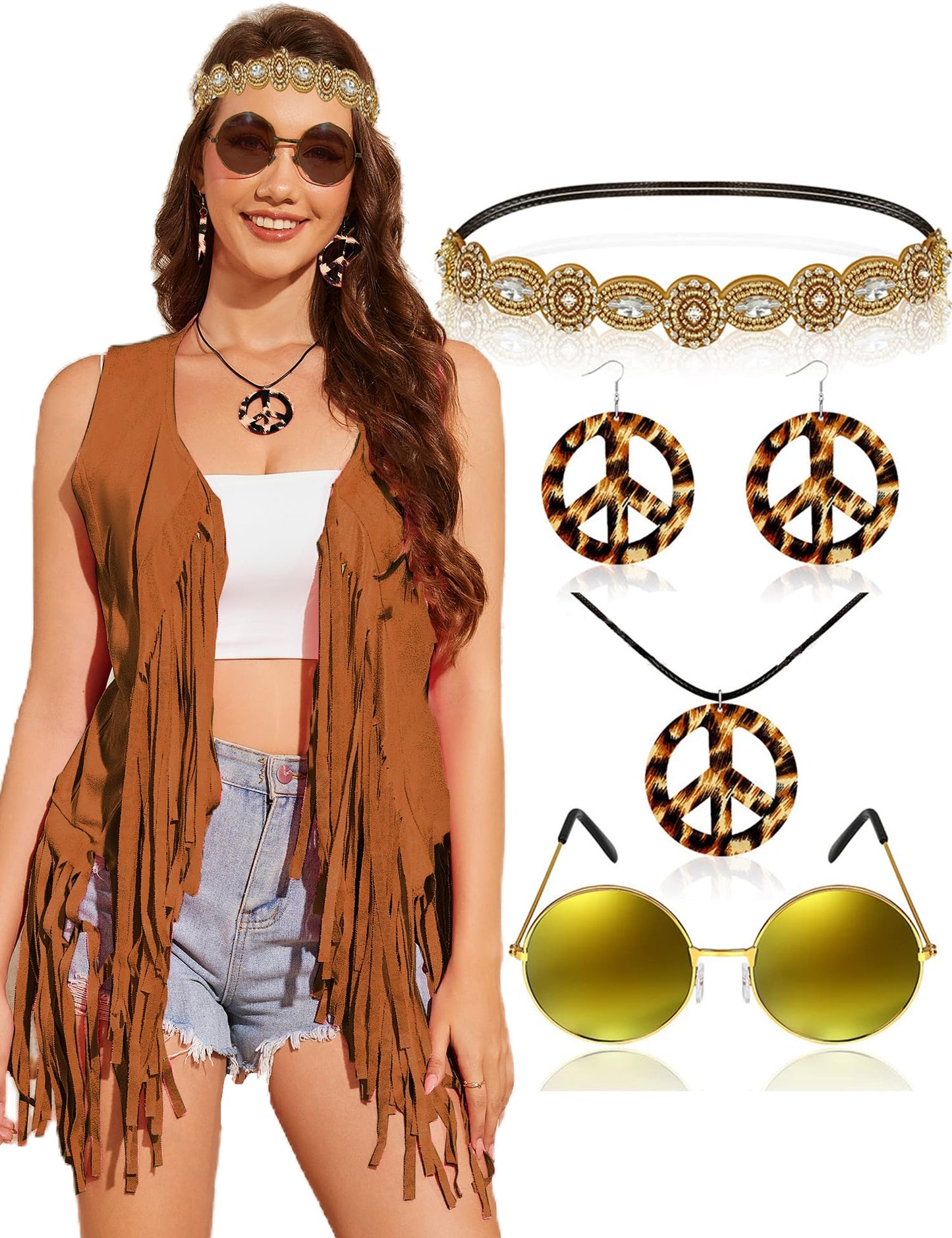 ZEXIGLAD 70 s Outfits for Women 60s Hippie Clothes Disco Costume Woman Cowgirl Halloween Costume 5 PCS Accessorie Tassel Fringe Vest Brown M
