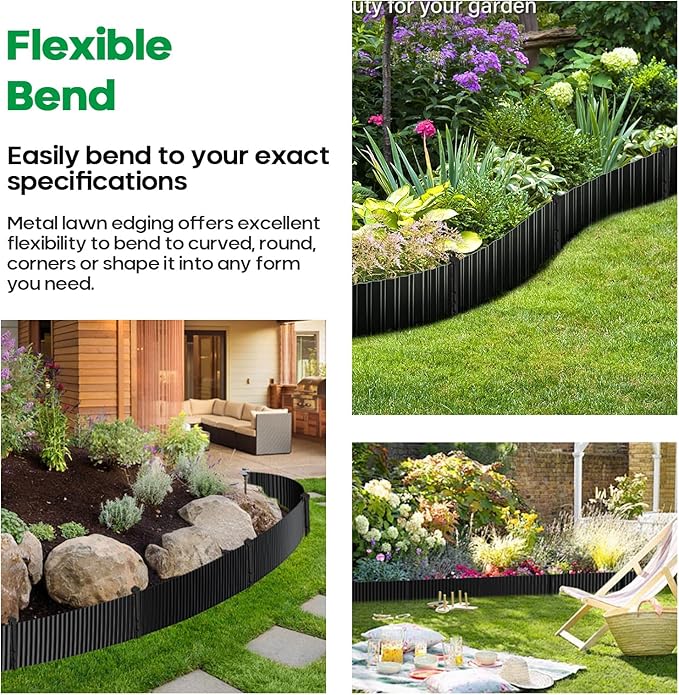 Camitlli Corrugated Metal Garden Edging,Sturdy Tall Landscape Edging Borders with 6pcs Anchor Stakes, Perfect DIY for Flower Beds, Lawn and Pathway,Tree Surrounds,Paver Edges (Black 6"×20FT)