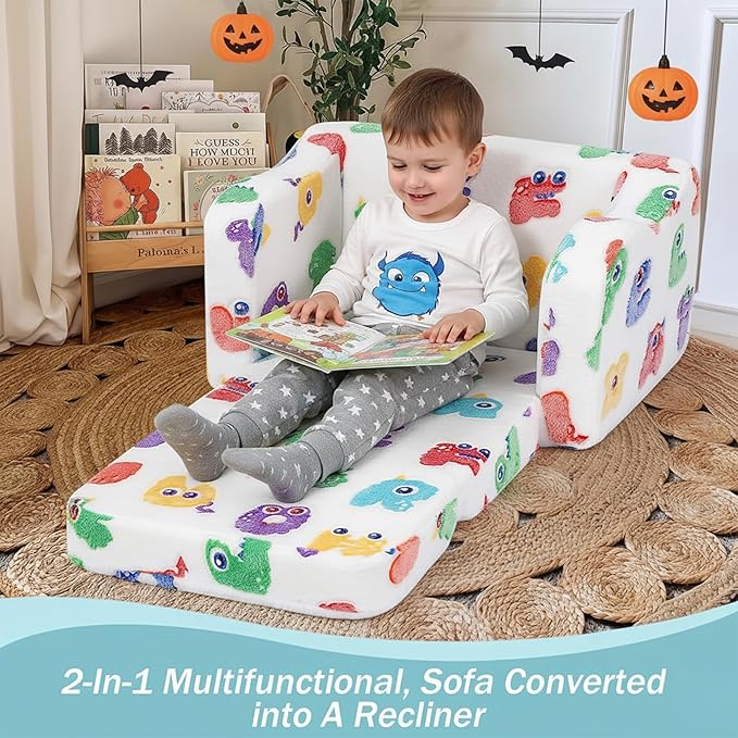 MeMoreCool Glow Alphabet Toddler Sofa Bed – 2-in-1 Foldable Foam Chair for Kids Light-Up Letters, Soft Supportive Foam, Machine-Washable Cover, Great for Boys and Girls